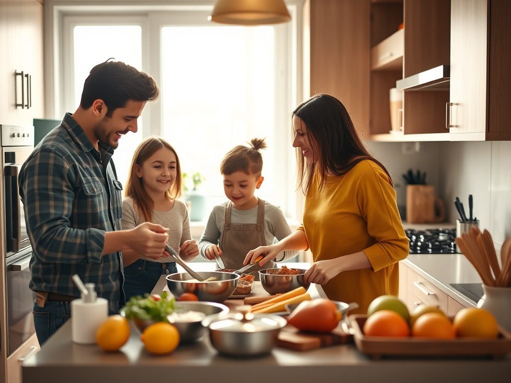 Семья готовит еду на кухне: мама, папа и двое детей увлечены процессом. Яркие овощи и фрукты на столе.