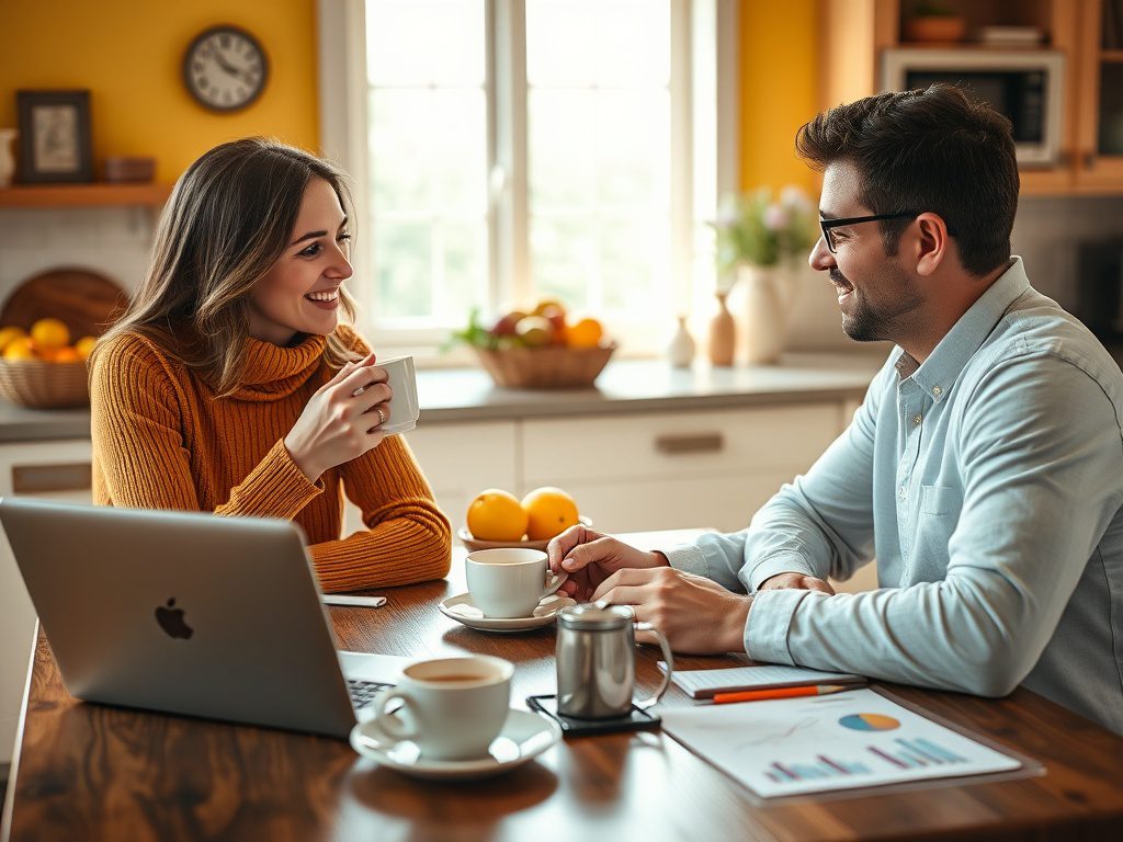 Два человека улыбаются и разговаривают за столом, на котором стоит ноутбук и чашки с кофе.