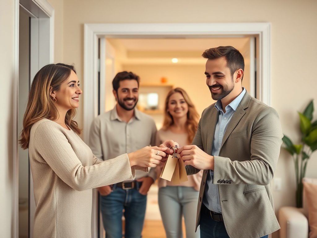 Покупка квартиры с обременением: что нужно знать Женщина передает ключи улыбающемуся мужчине, остальные радостно наблюдают за сценой.