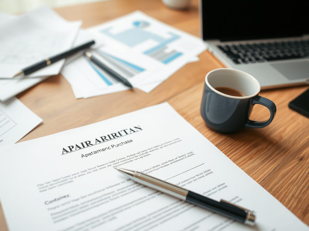 Покупка квартиры с обременением: что нужно знать Документы о покупке квартиры, ручки, чашка кофе и ноутбук на столе.