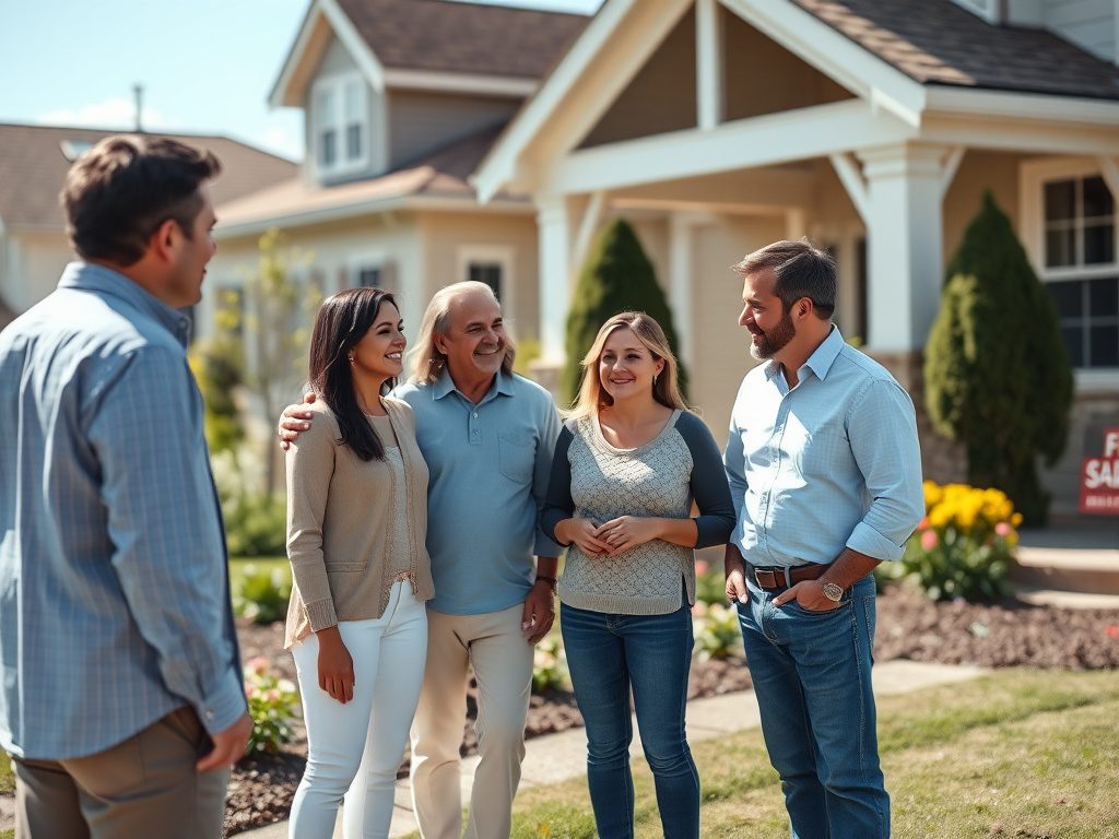 Покупка недвижимости с обременением банка Группа людей улыбается и общается на фоне дома, вероятно, обсуждая его продажу.