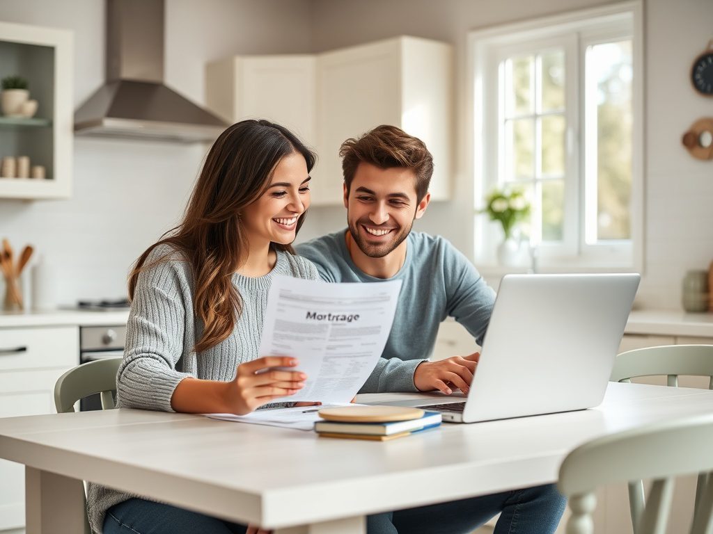 Ипотека для работников сферы услуг с переменным доходом Молодая пара улыбается, читая документы о ипотеке за столом в светлой кухне с ноутбуком.
