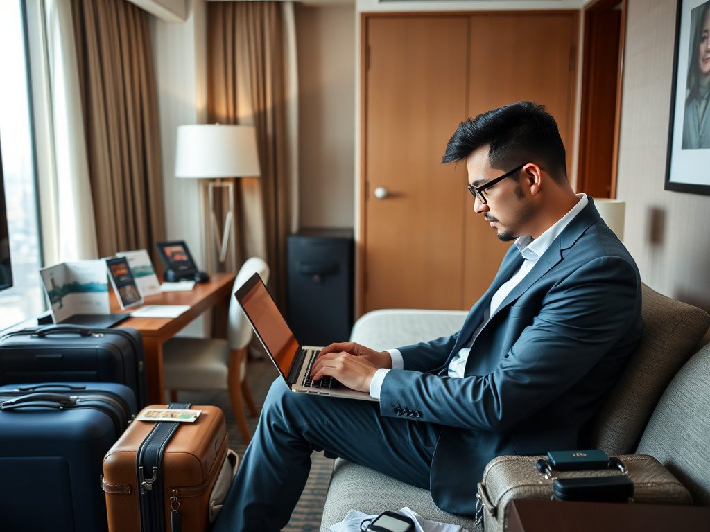 Молодой человек в костюме работает на ноутбуке в гостиничном номере, окруженный чемоданами.