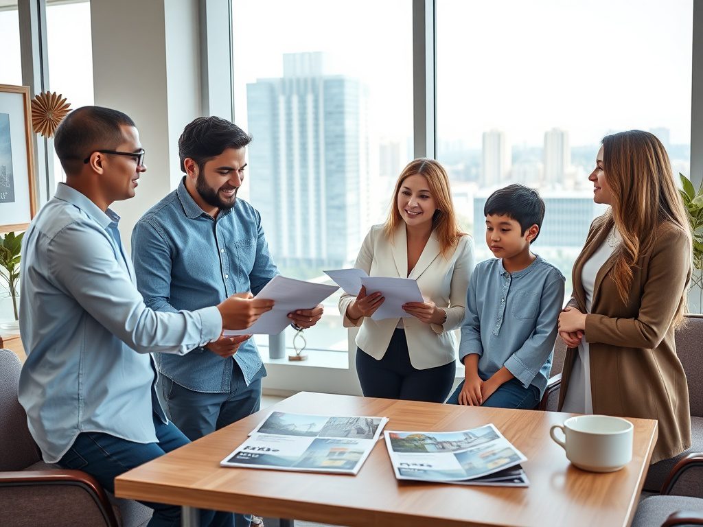 Как выбрать этаж и планировку квартиры Группа людей обсуждает документы в офисе с панорамным видом на город. На столе лежат журналы и чашка.