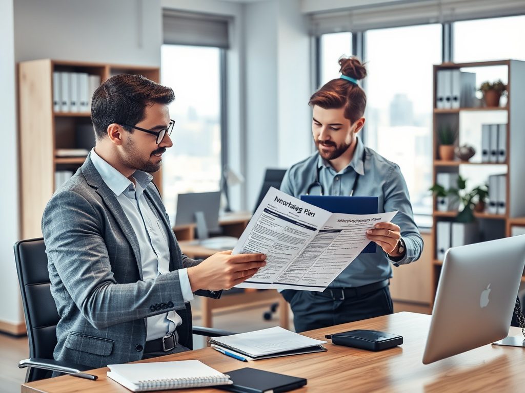 Ипотека для работников сферы услуг с переменным доходом Два человека в офисе обсуждают документы, сидя за столом с ноутбуком и блокнотами.
