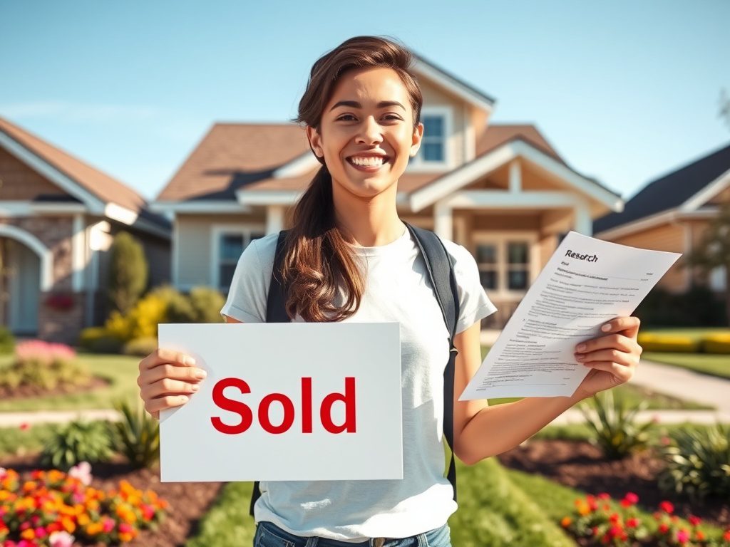 Ипотека для работников сферы научных исследований Молодая женщина стоит перед домом, держит знак "Продано" и документы. Позади цветущие растения.