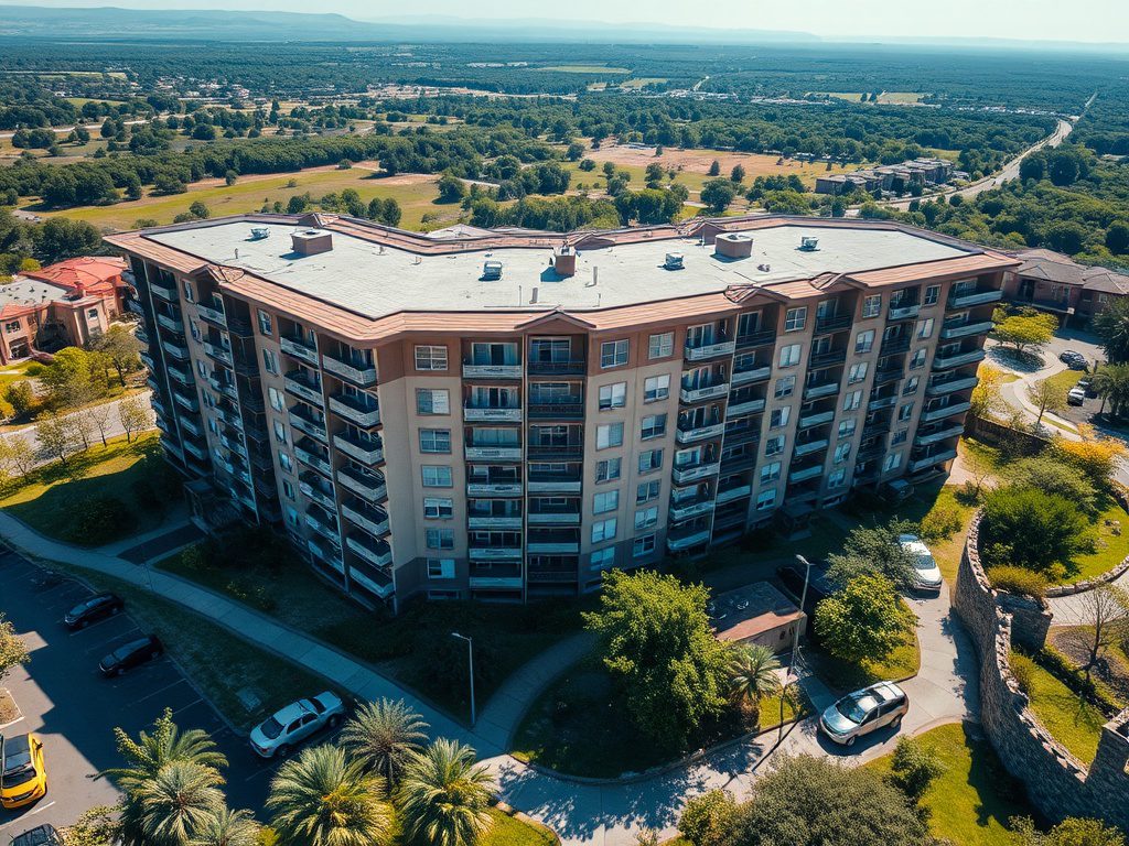 Как выбрать этаж и планировку квартиры Многоэтажный жилой дом, окружённый зелёными насаждениями и парковкой, с видами на природу.