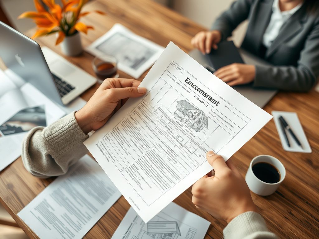 Покупка недвижимости с обременением банка На столе лежат документы, человек держит лист с планом здания, другая персона занята работой за ноутбуком.