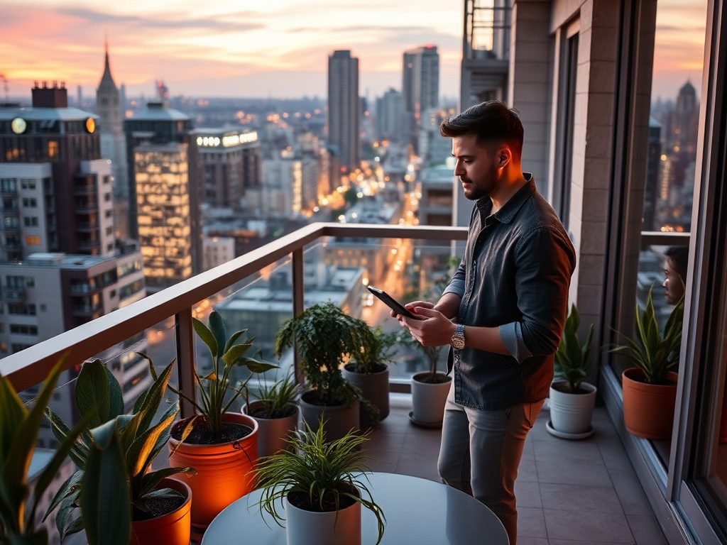 Молодой человек на балконе смотрит в телефон, город виден на фоне заката. Растения в горшках вокруг.