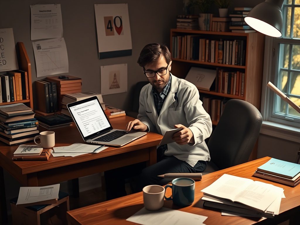 Ипотека для работников сферы научных исследований Мужчина в белом халате работает за столом с ноутбуком и книгами, изучая документы в уютном кабинете.